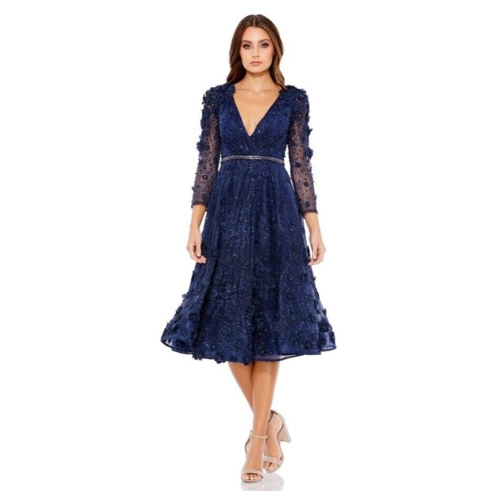 Mac Duggal Navy Blue Embellished V-Neck Midi Dress